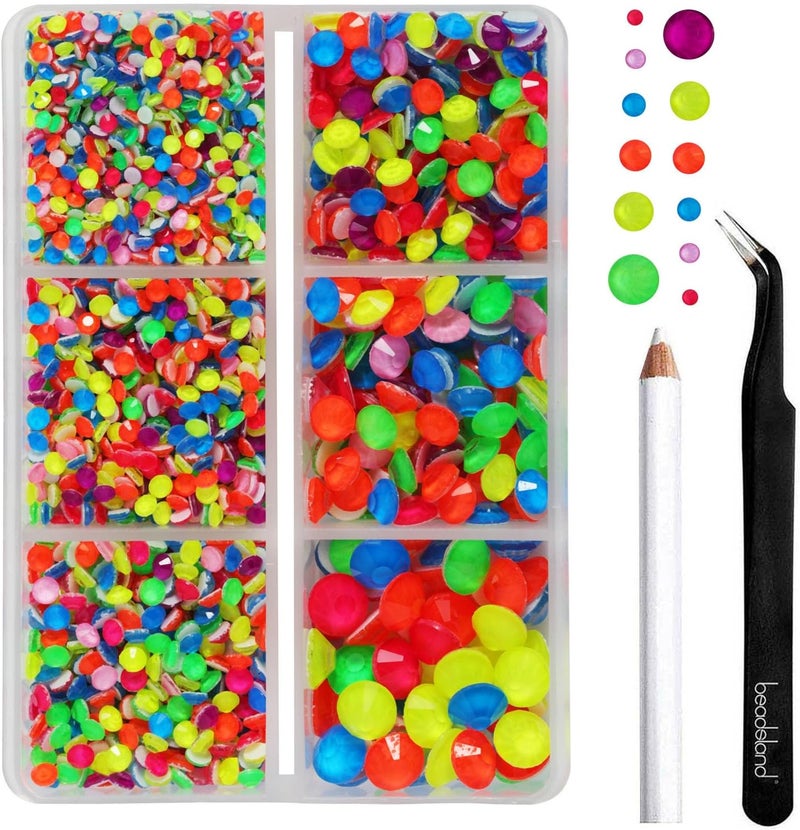 BEADSLAND Hotfix Rhinestones, 4000 PCS Rhinestones for Clothes Crafts Mixed 6 Sizes with Wax Pencil and Tweezers Kit, SS6-SS30, Neon Mix - Image 1
